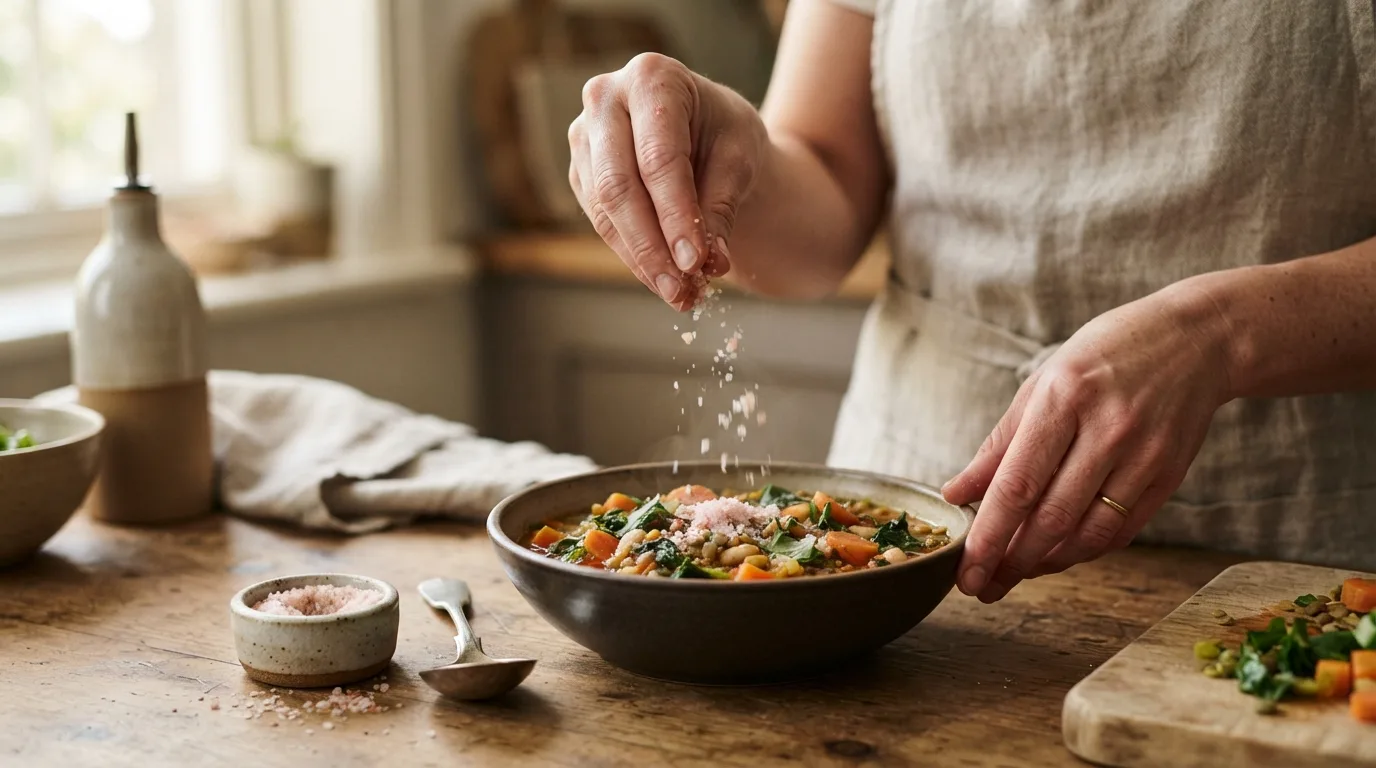 a person holding a pinch of pink salt over a bowl