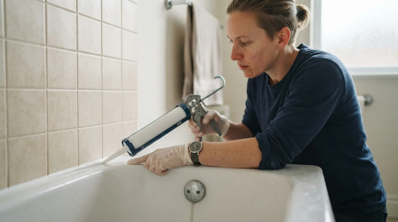 a person applying sealant around a bathtub edge