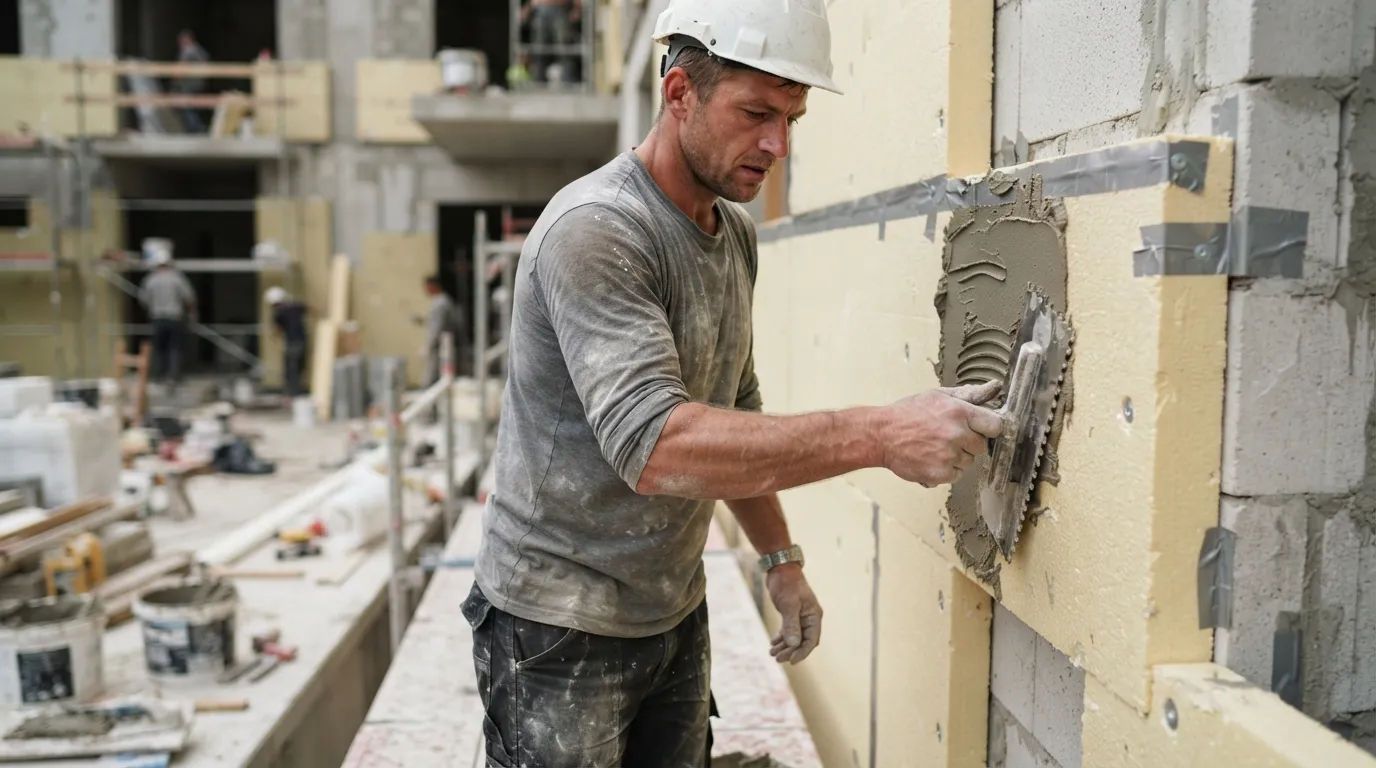 a construction worker applying adhesive to a foam insulation board on a building exterior