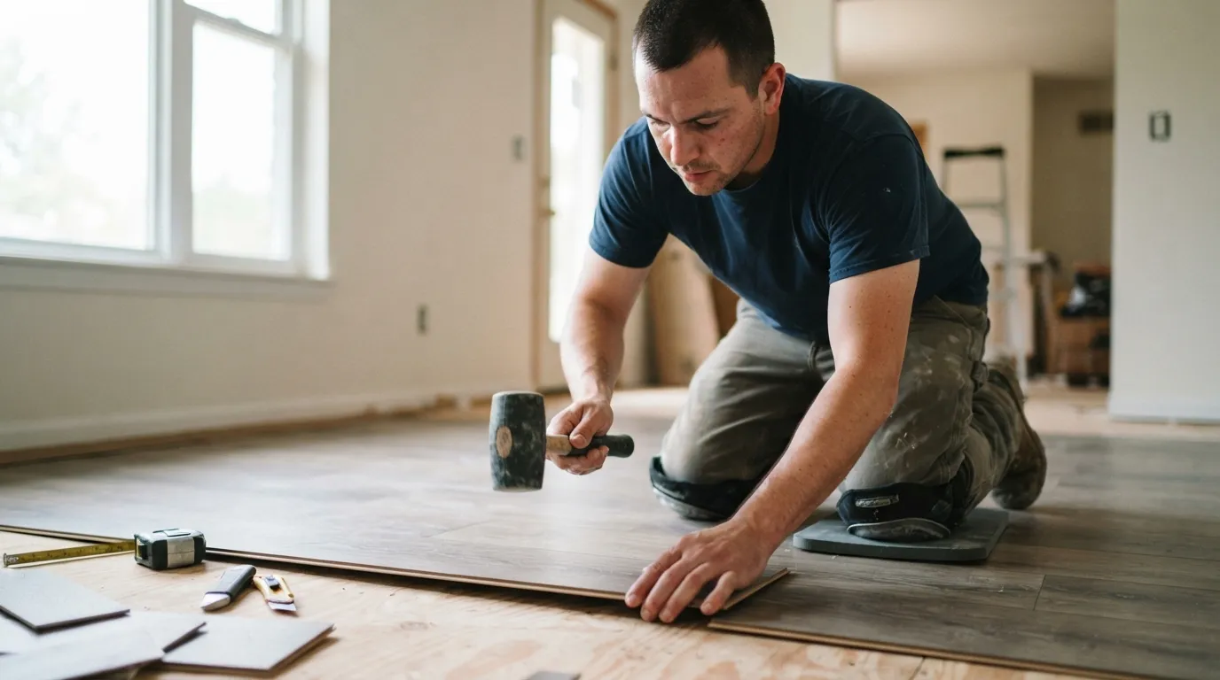 a person installing a resilient floor covering in a room
