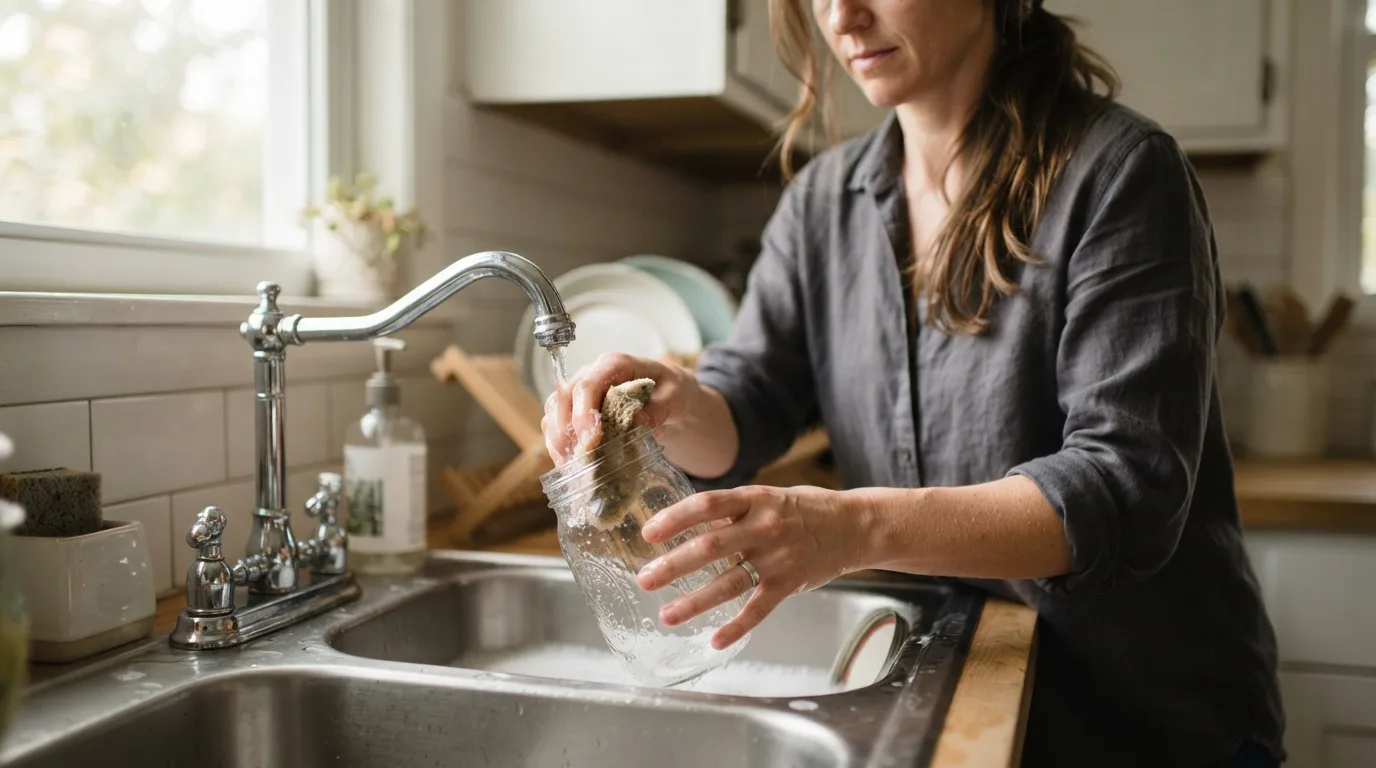 a person cleaning a glass jar in a kitchen sink