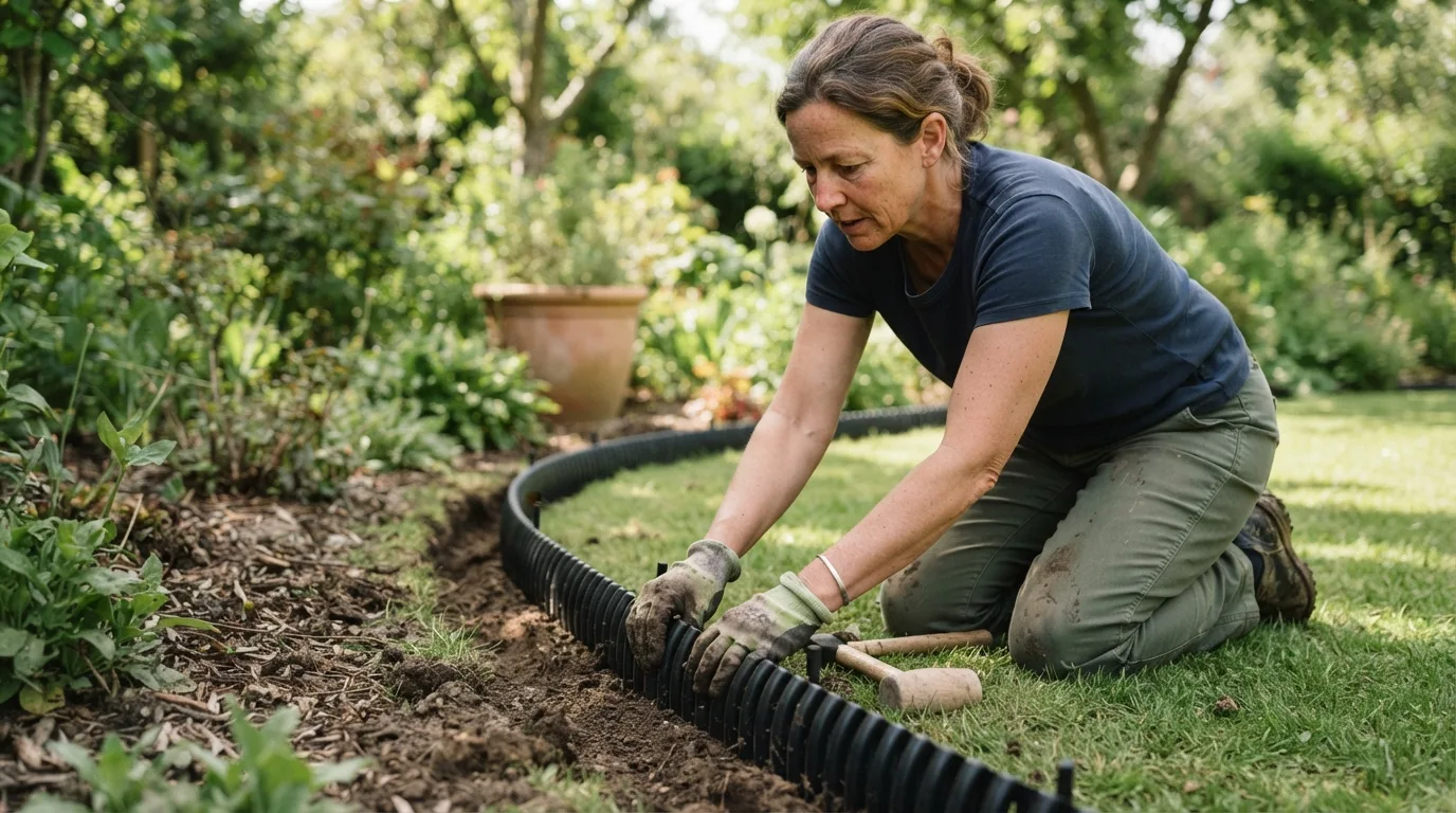 a person installing garden edging in a lawn