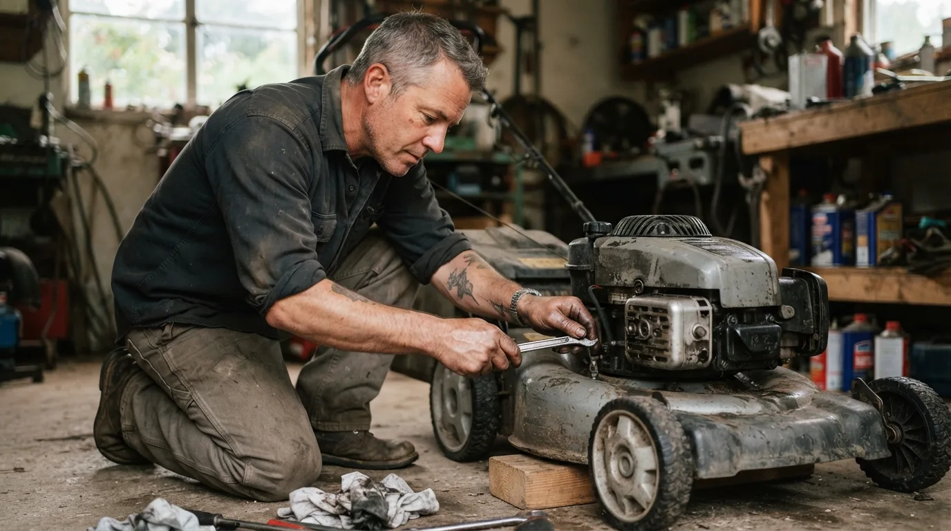 a person repairing a lawn mower