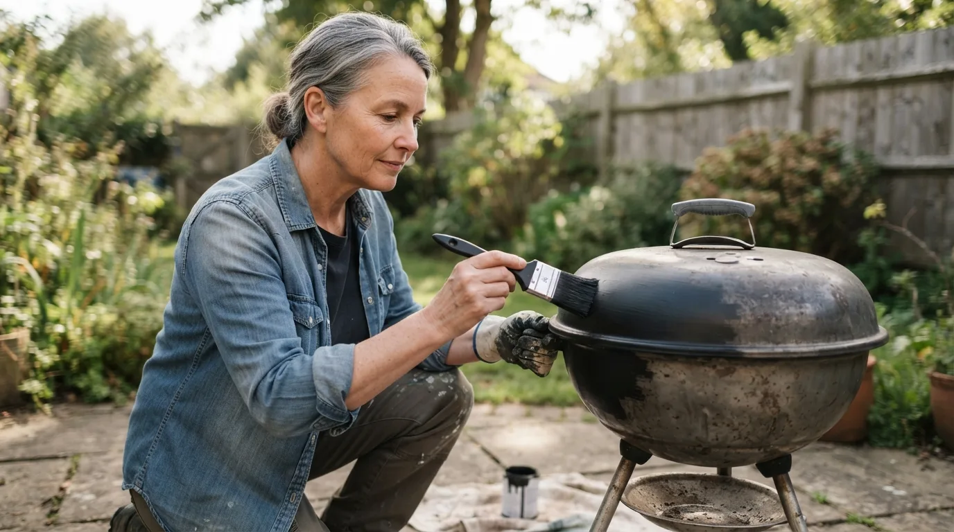 a person painting an outdoor barbecue grill