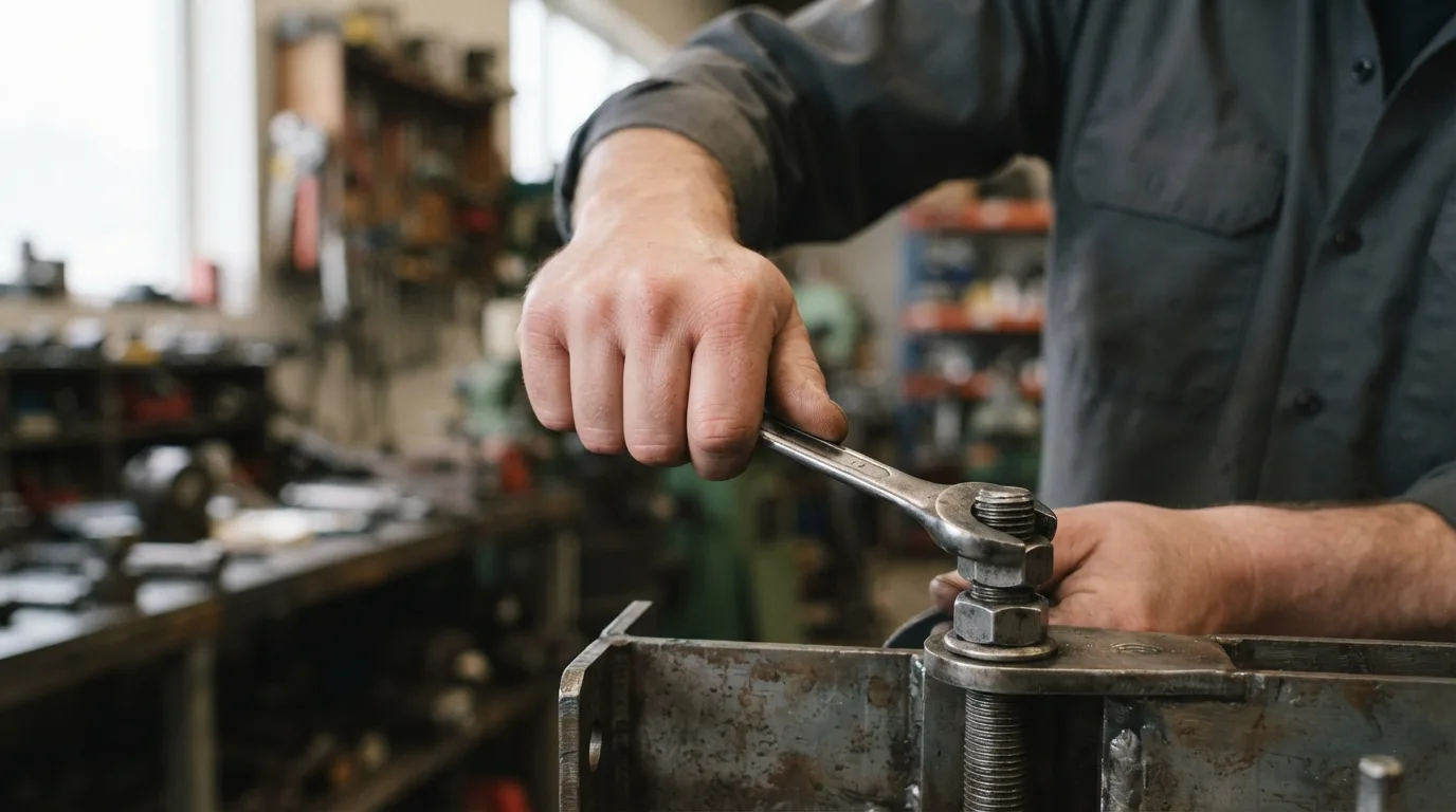 a person tightening a nut on a metal bolt with a wrench