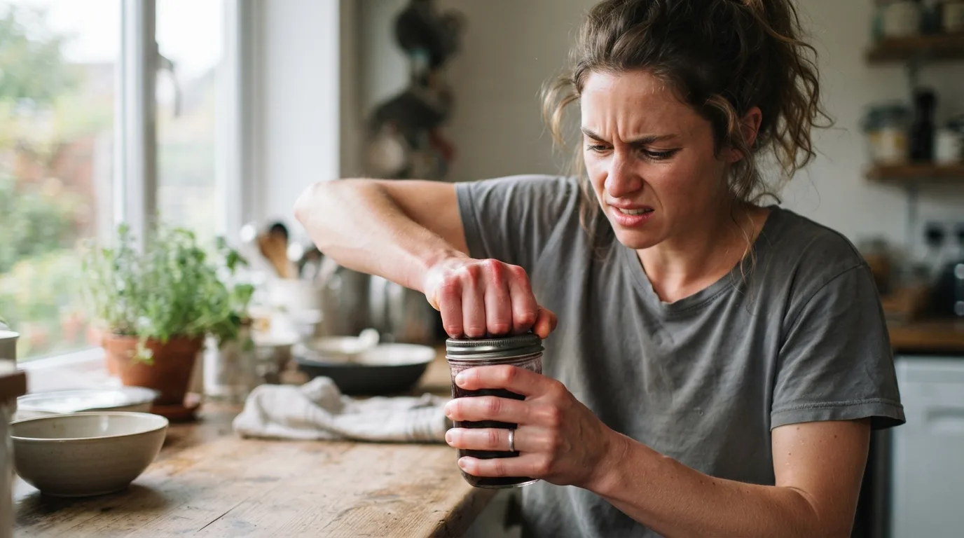 a person struggling to open a jar lid