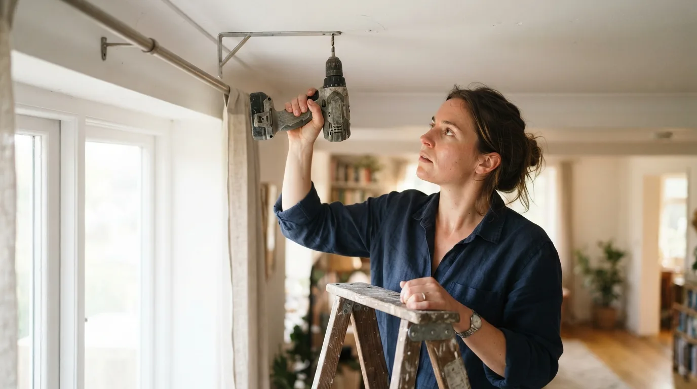 a person installing a curtain rod on a ceiling