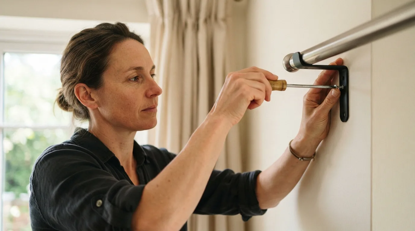 a person using a screwdriver on a curtain rod bracket
