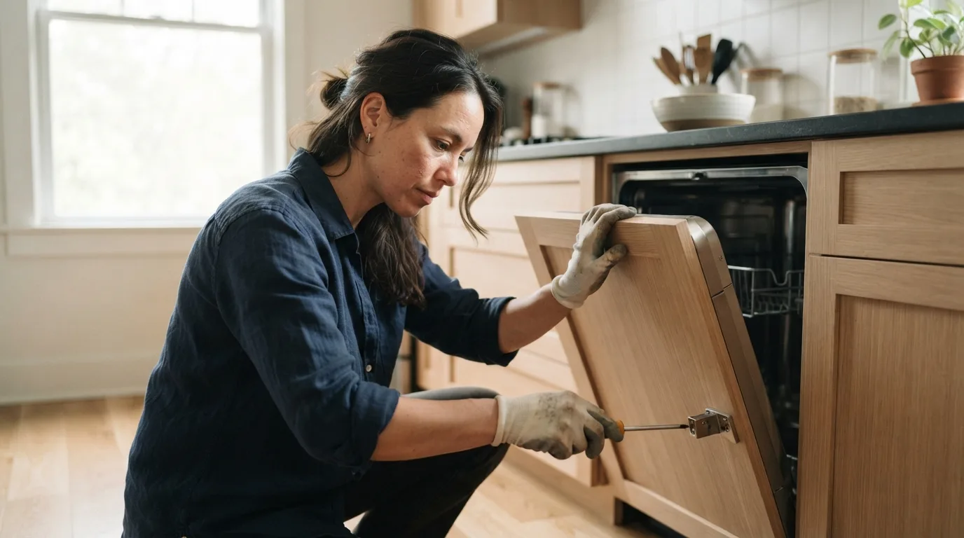 a person installing a panel on a dishwasher