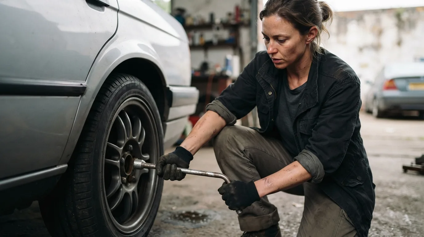 a person loosening bolts on a car wheel