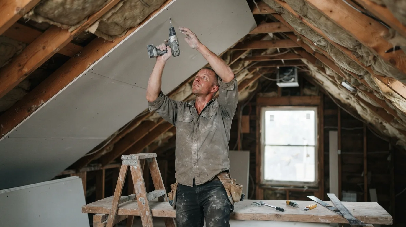 a worker installing drywall on a pitched attic ceiling