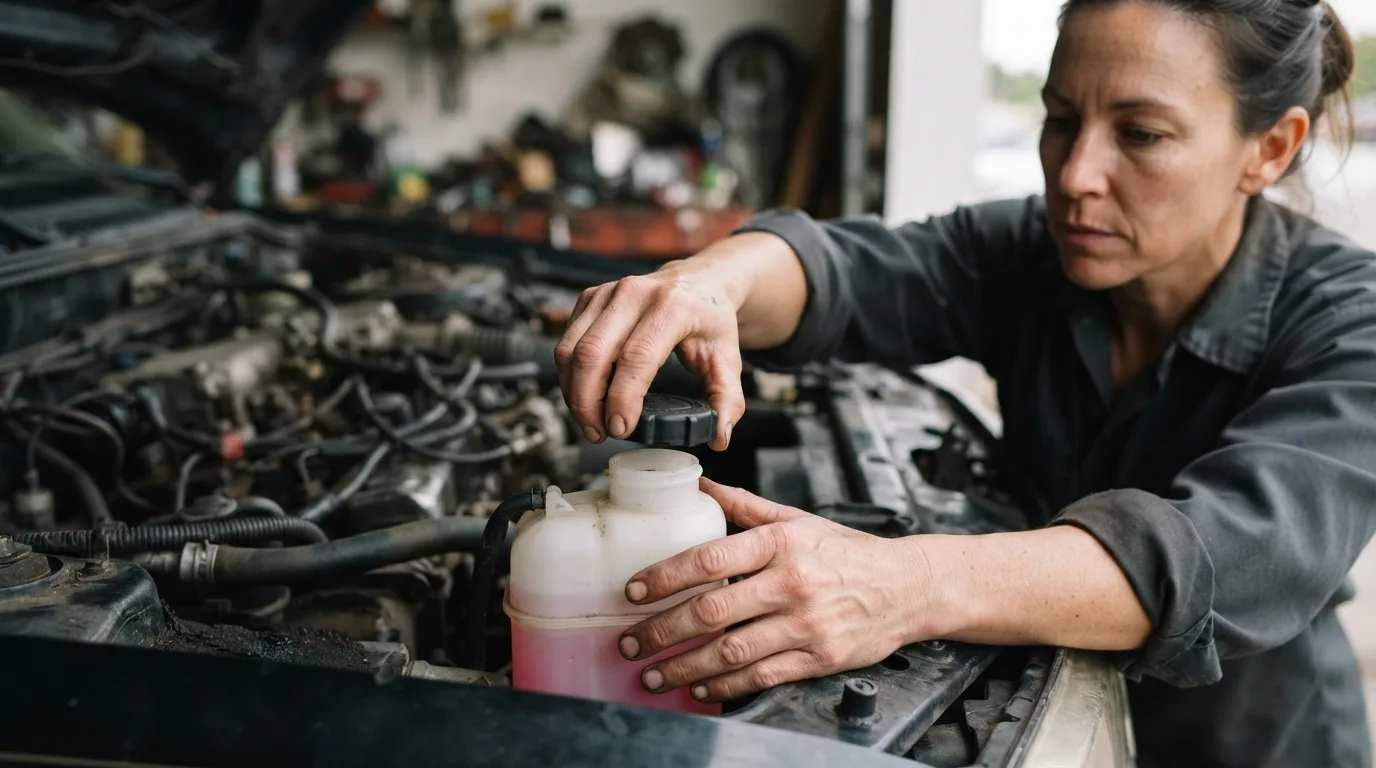 a person opening a car's coolant reservoir
