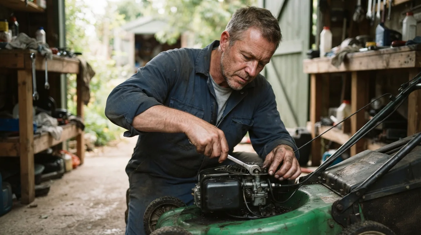 a person fixing a lawn mower