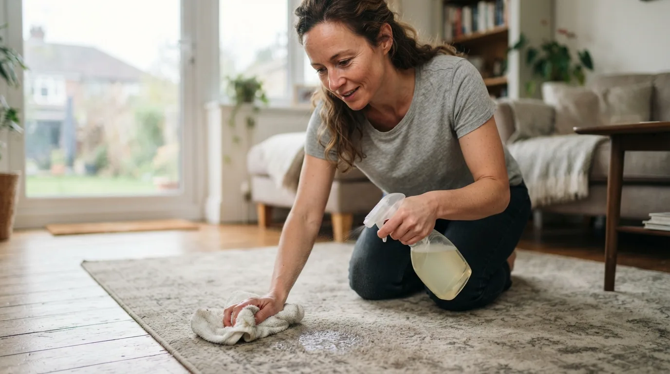 a person cleaning a carpet at home with a spray bottle