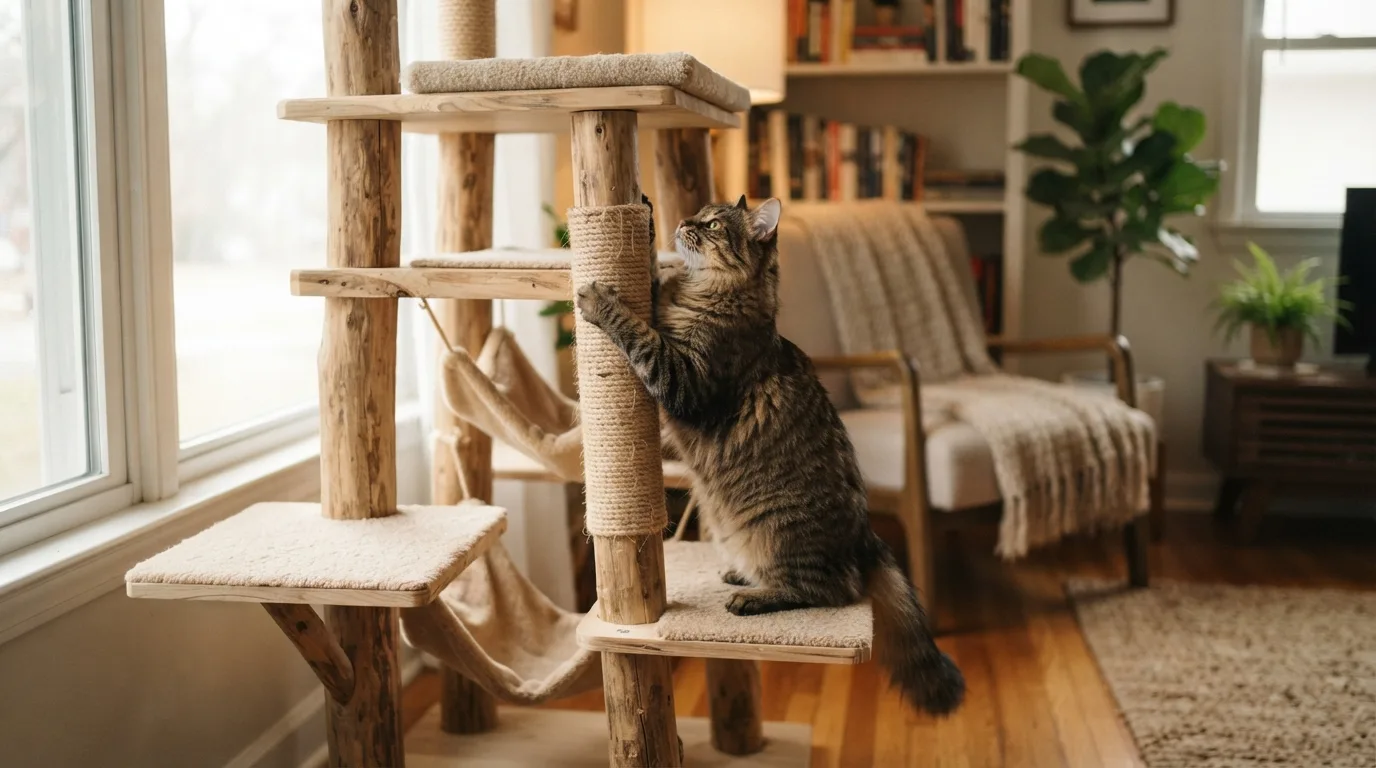 a cat climbing on a wooden cat tree in a living room