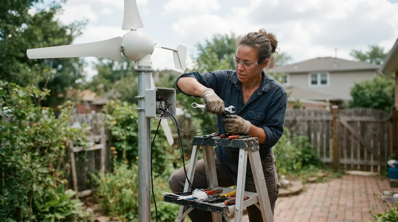 a person installing a wind turbine in a backyard