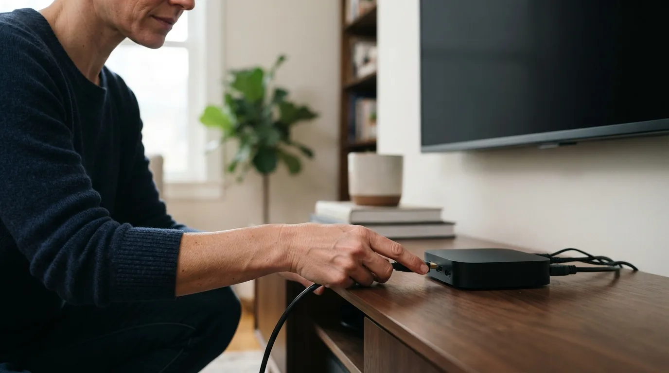 a person connecting a cable to a small black electronic device near a TV