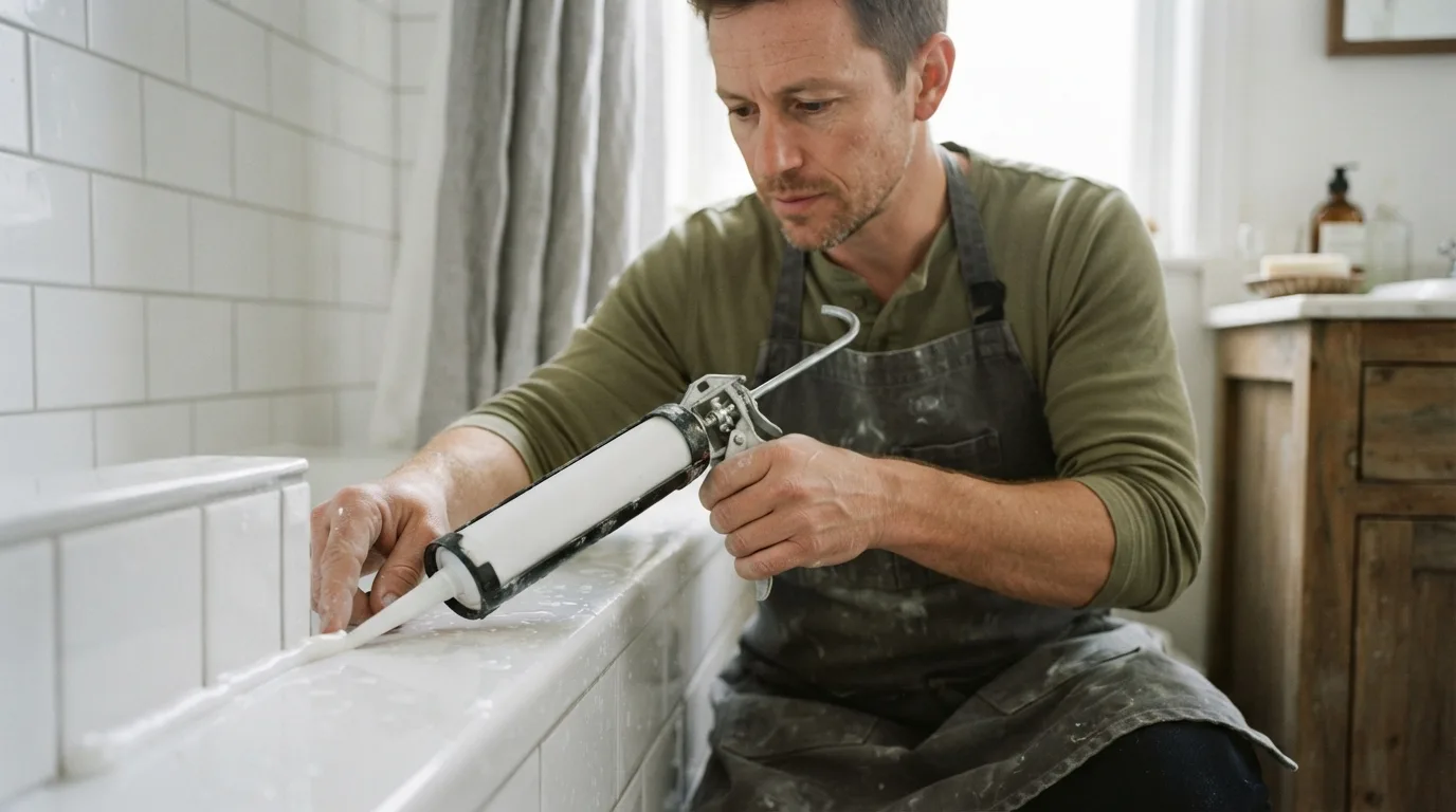 a person applying silicone sealant to a bathtub edge