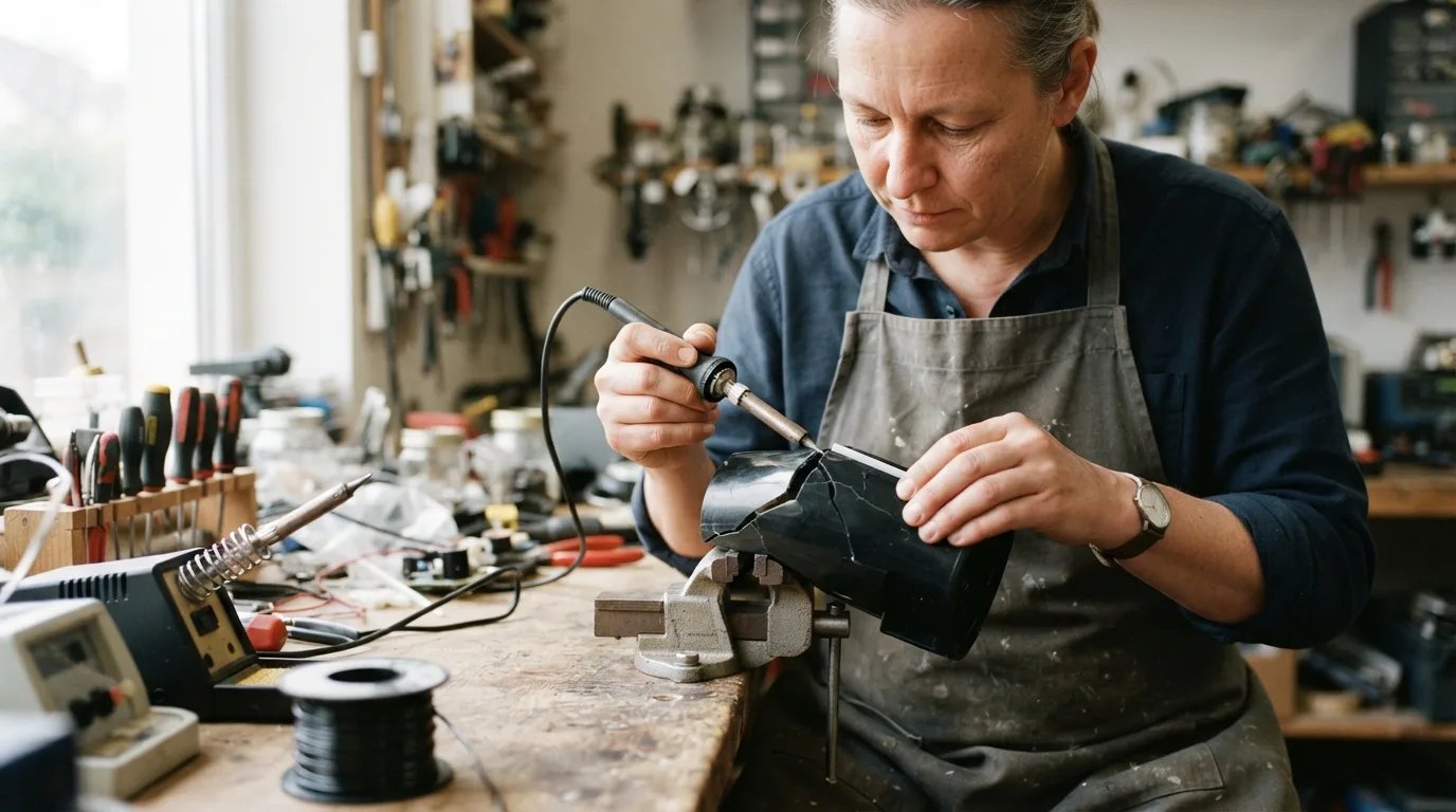 a person repairing a plastic object with tools