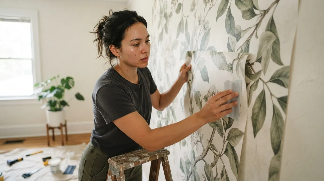 a person installing a wall mural
