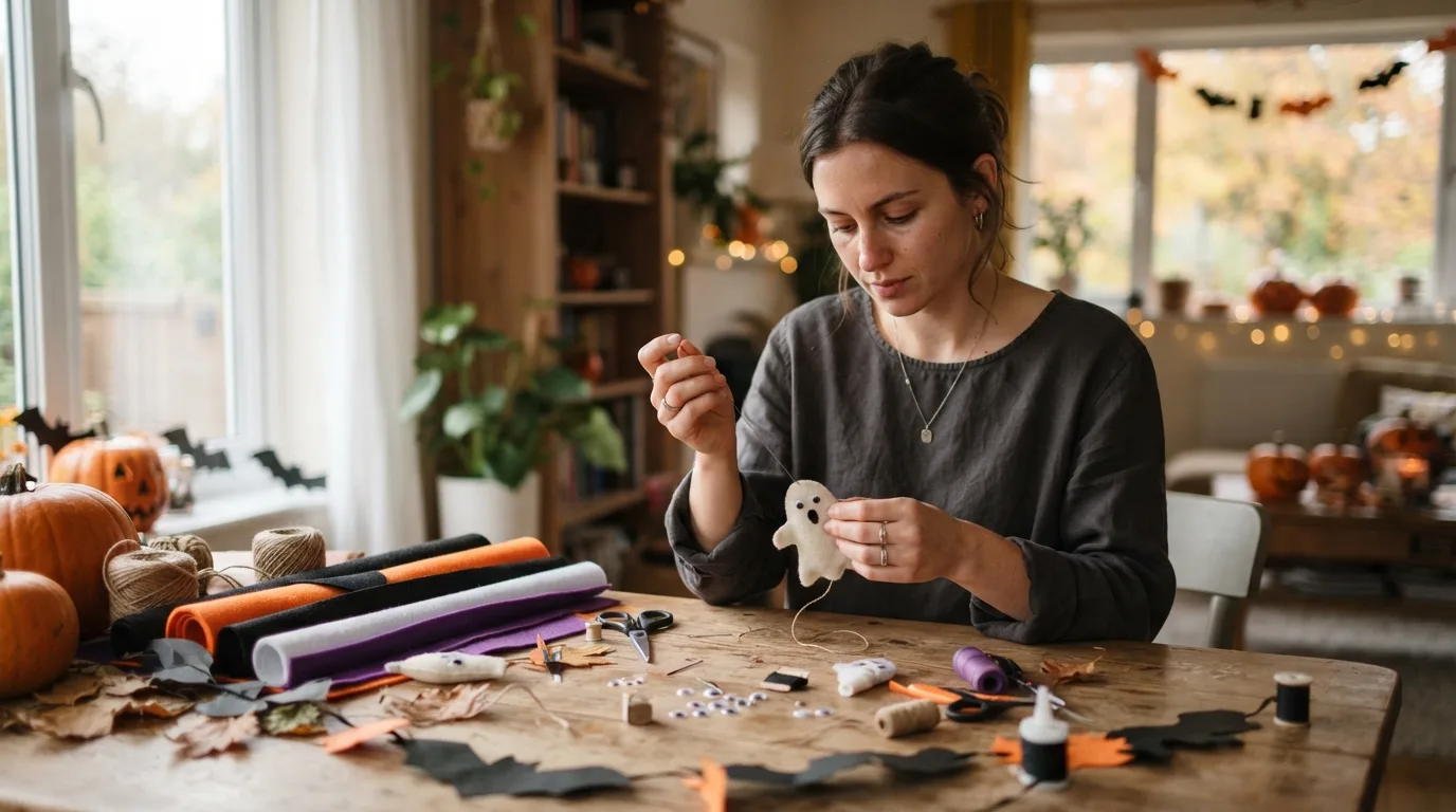 a person crafting Halloween decorations at a table