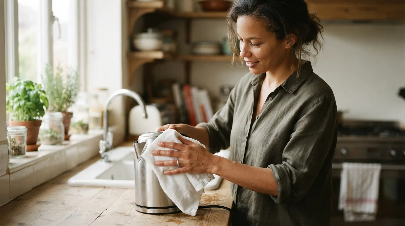 a person cleaning a kettle in a kitchen