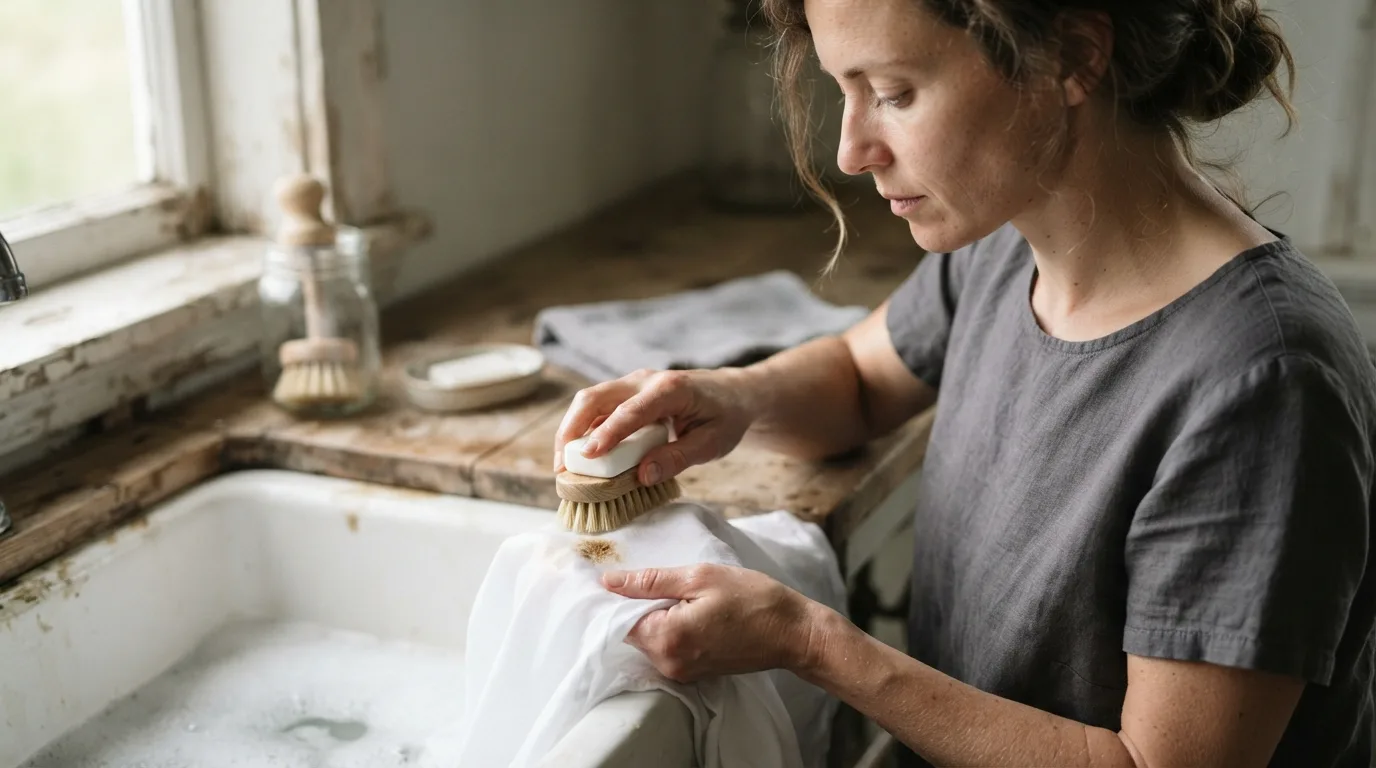 a person scrubbing a stain on a white cloth