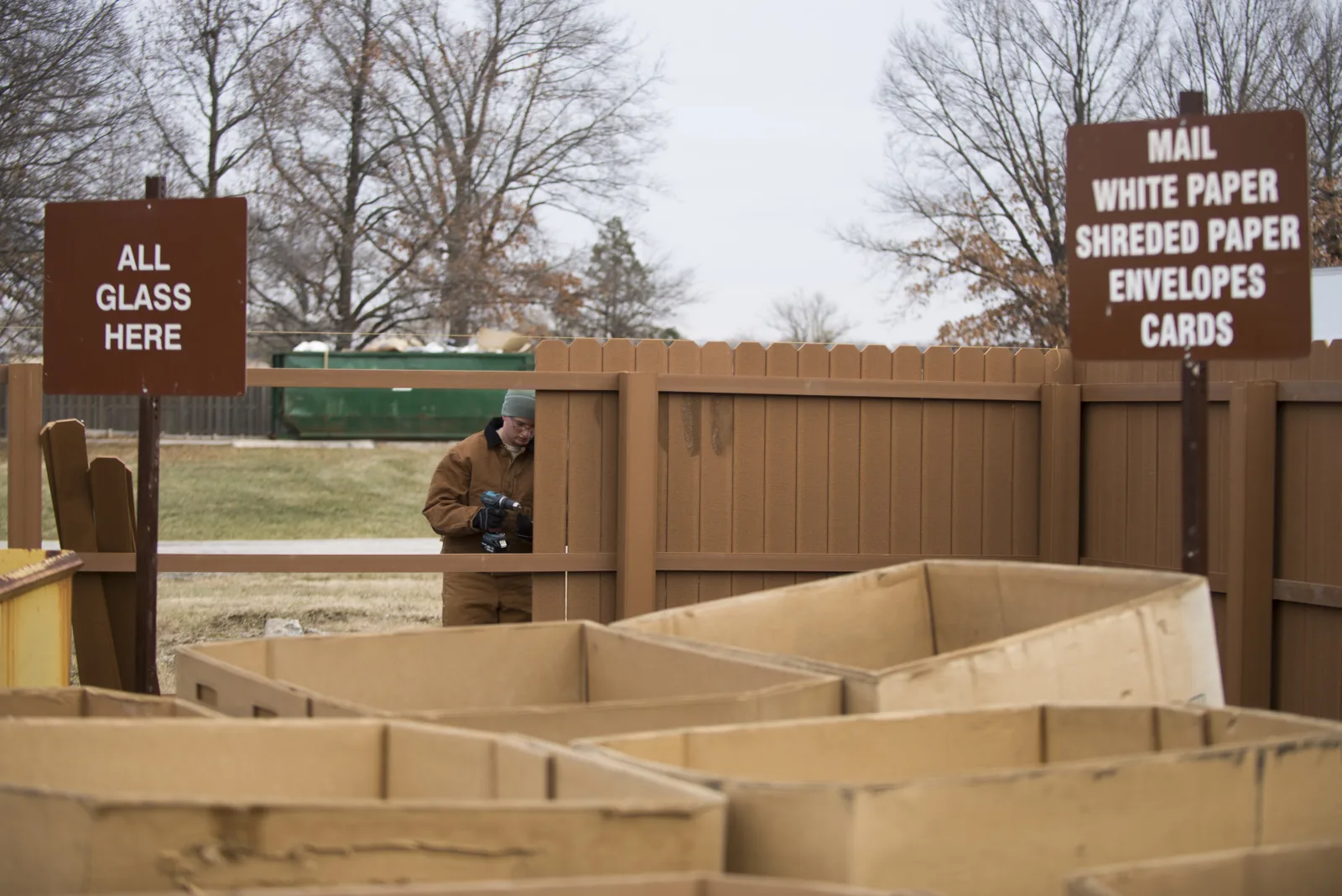Airman 1st Class Jacob Lowe, 375th Civil Engineers Squadron Structural Apprentice, installs fence slats securing it to a fence post at the Recycling Center Jan. 6, 2015, at Scott Air Force Base, Ill. The 375th CES Structural shop built a new fence around the Recycling Center to give 24 hour access to the drop off area while the Recycling Center is closed. (U.S. Air Force photo/ Senior Airman Joshua Eikren)
Unit: 375th Air Mobility Wing