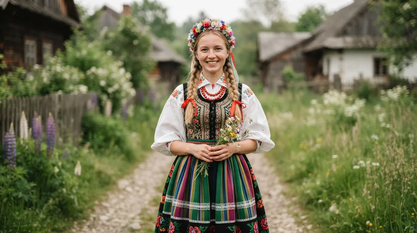 a young woman in a traditional Polish dress
