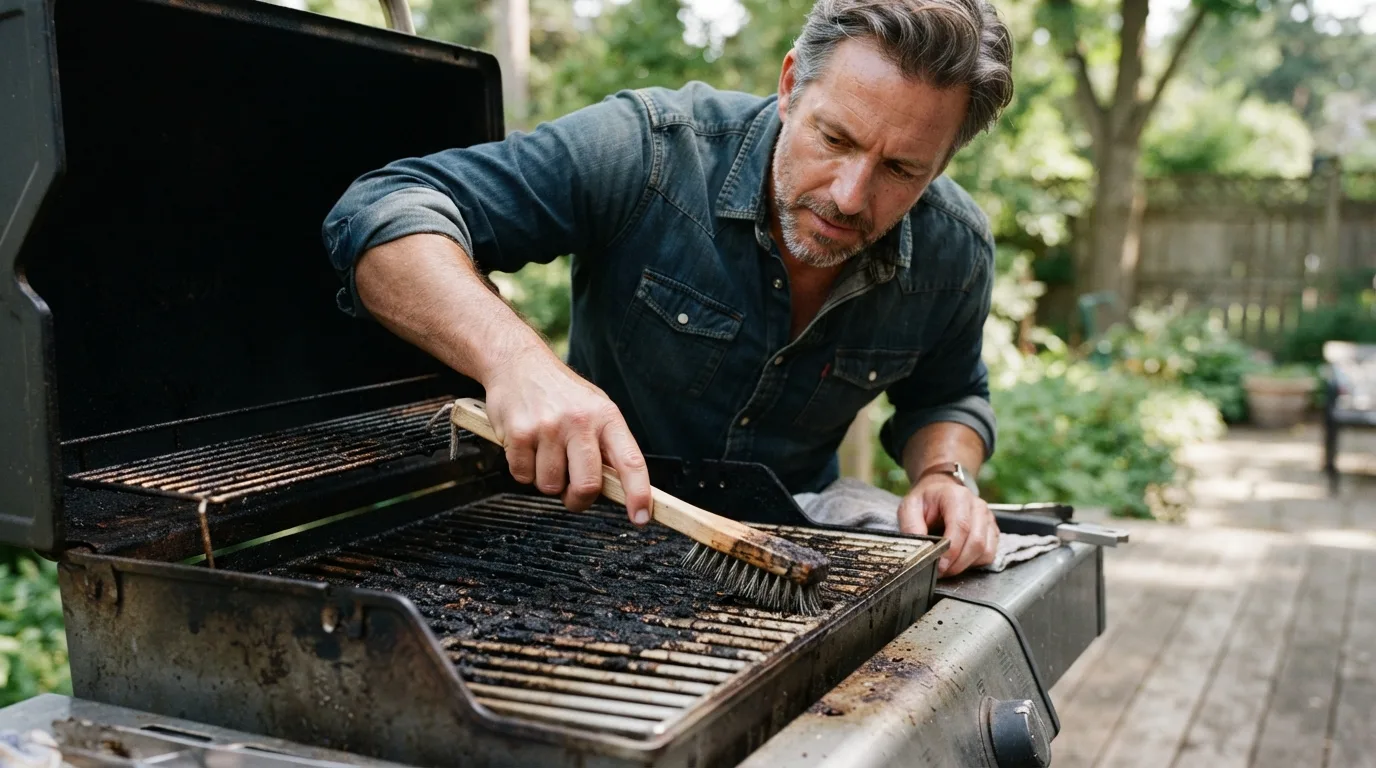 a person cleaning a grill grate with a brush