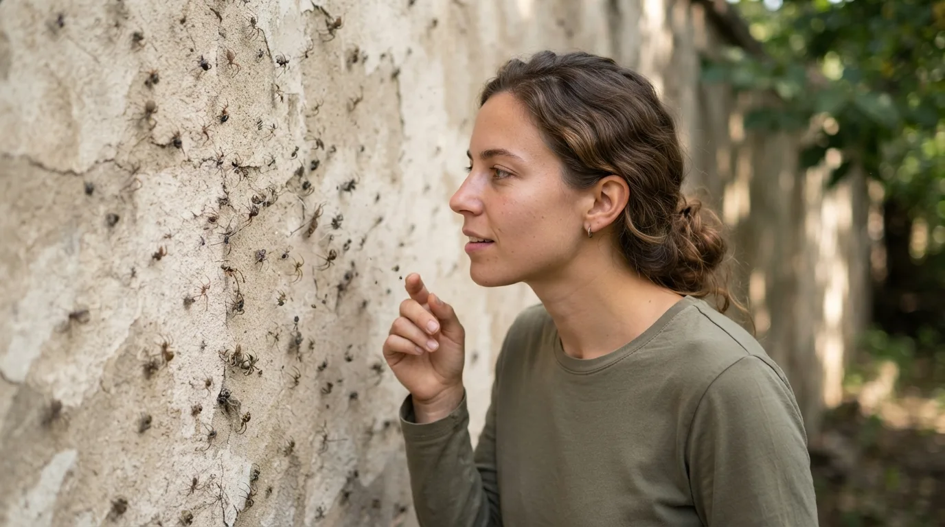 a person looking at many spiders on a wall