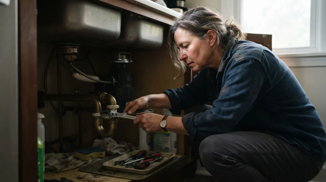 a person working under a kitchen sink with tools