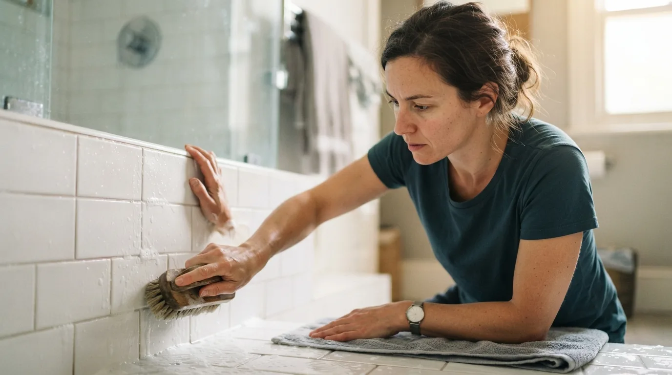 a person scrubbing bathroom tiles with a brush