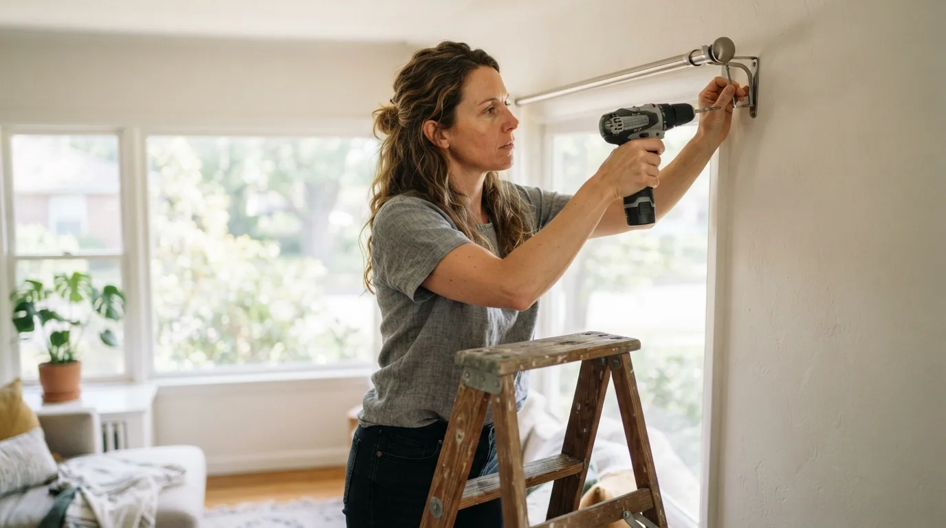 a person installing a curtain rod
