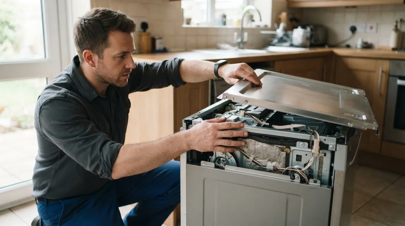a person removing the top panel of a dishwasher