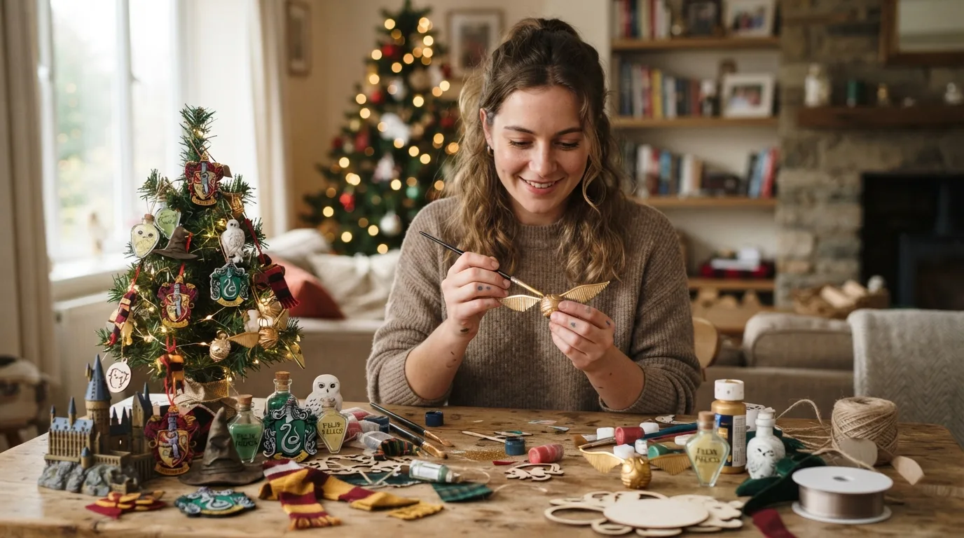 a person crafting or displaying handmade Harry Potter themed Christmas decorations
