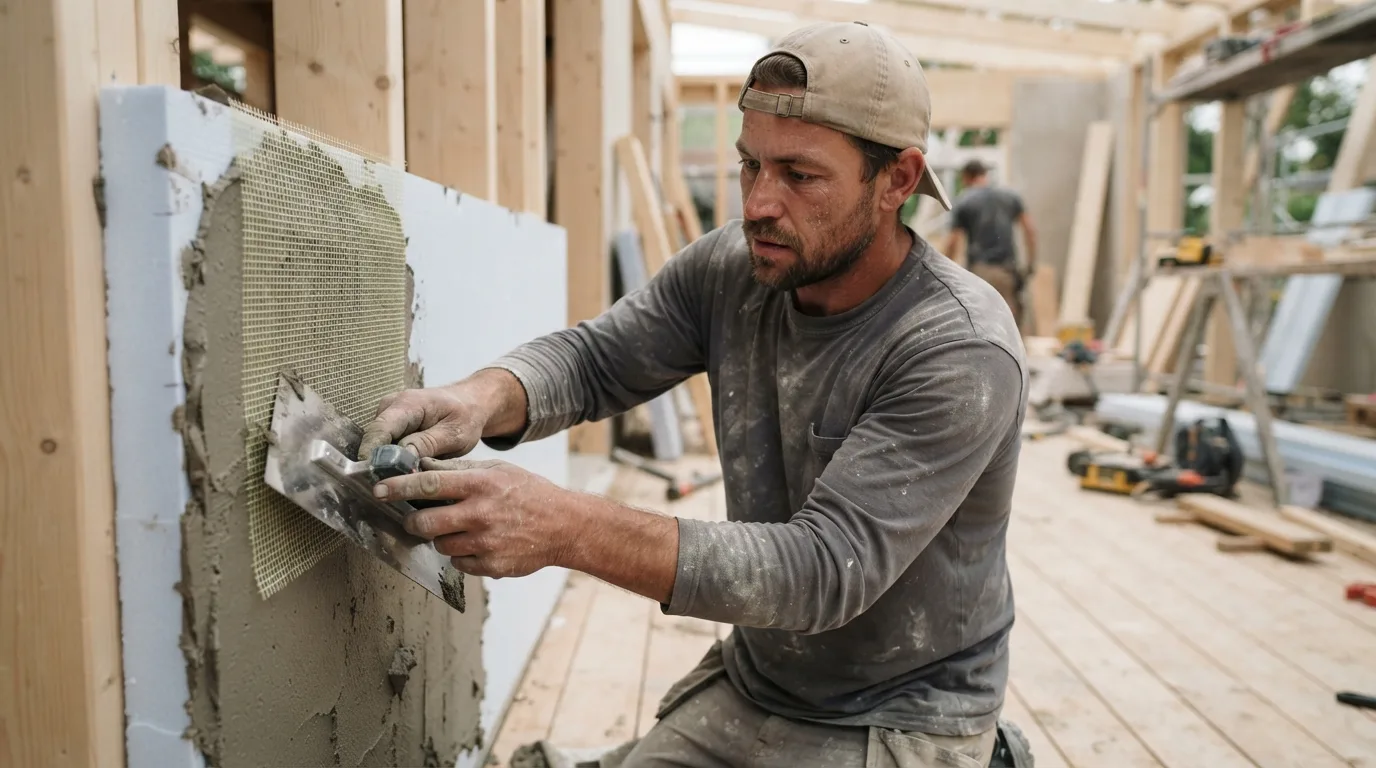 a worker applying mesh onto foam insulation board