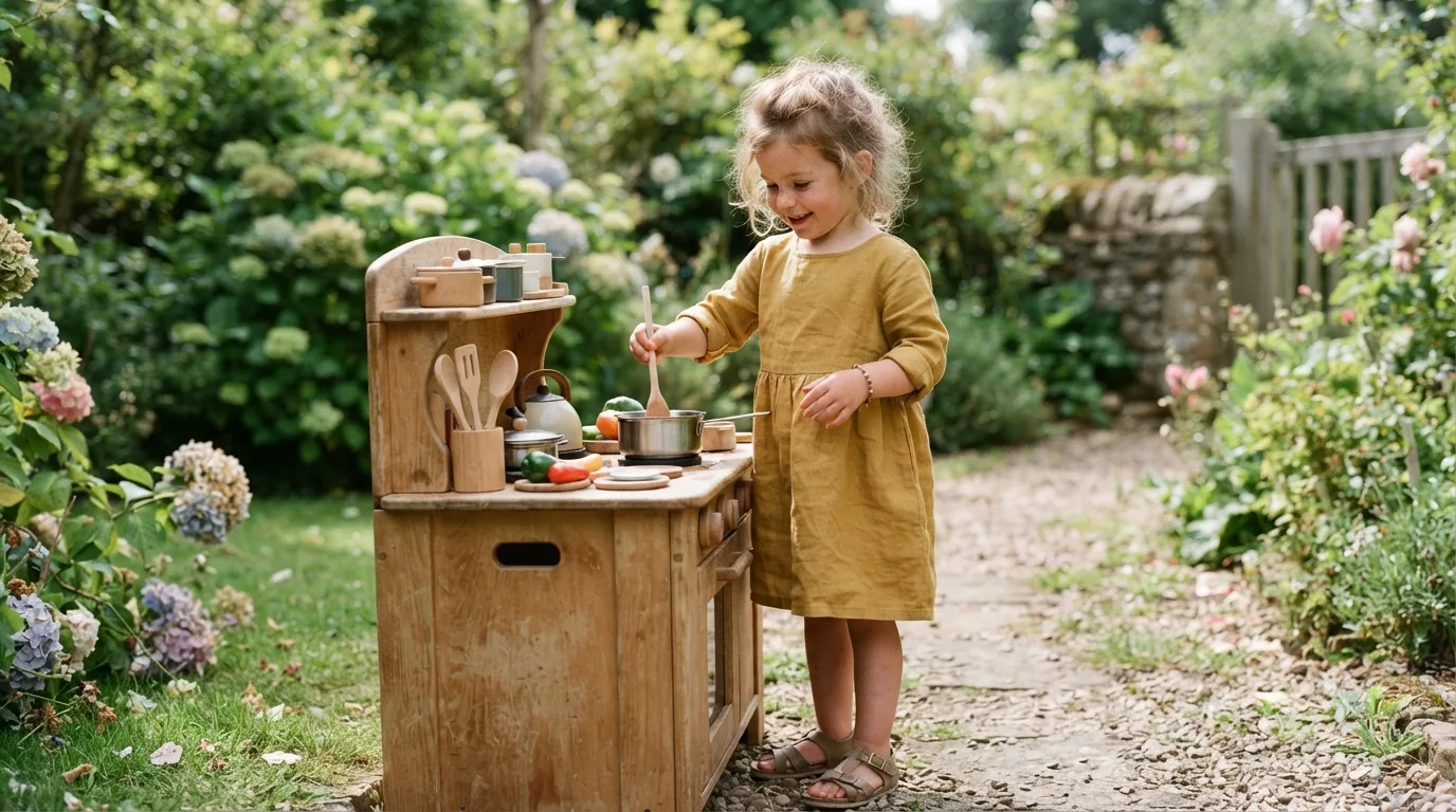 a child playing with a toy kitchen in a garden