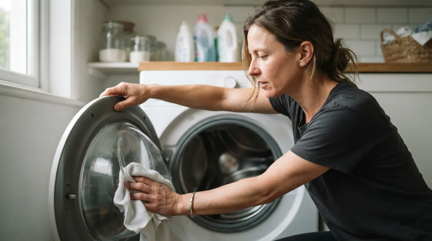 a person cleaning a washing machine drum with a cloth