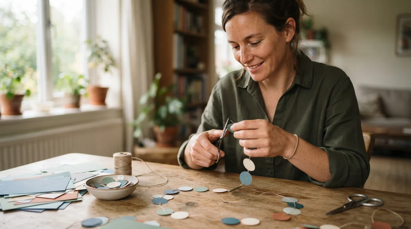 a person crafting a paper garland at a table