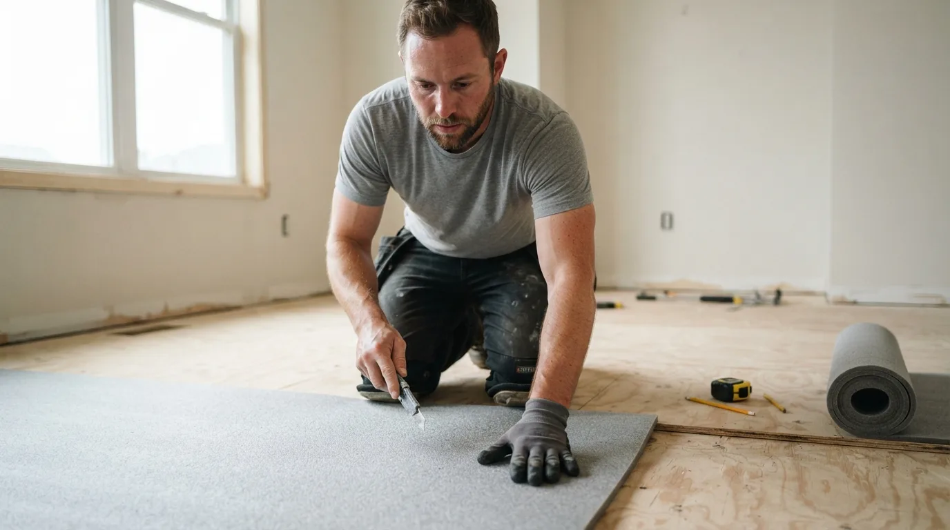 a person installing flooring underlayment in a room