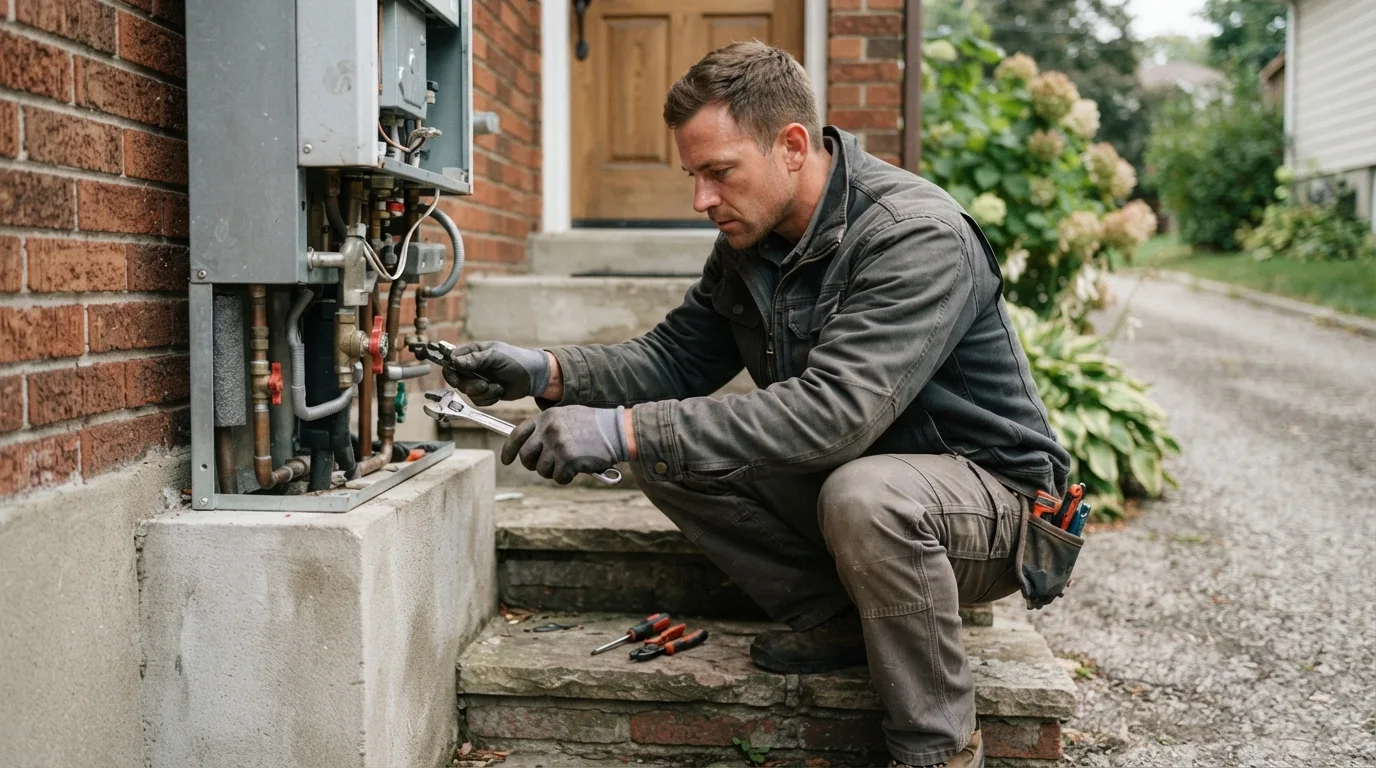 a person installing or inspecting a heating system on a driveway or steps