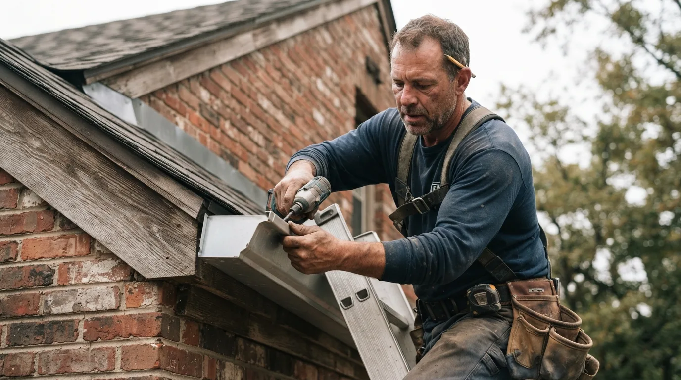 a roofer installing metal gutters on a building