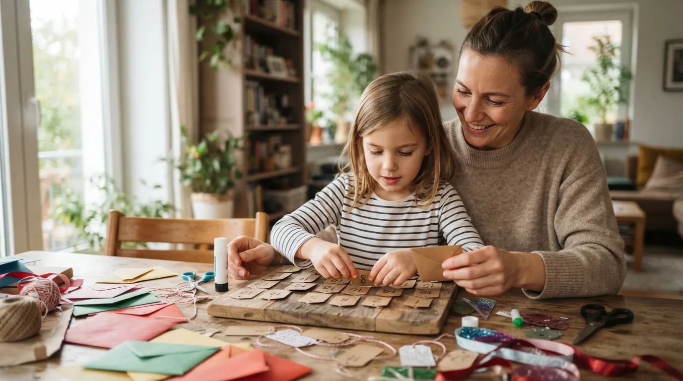 a child and parent crafting a paper Advent calendar