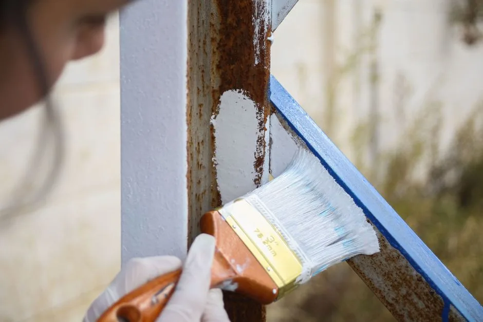 A person paints over rust on a metal railing with a brush, restoring the surface.