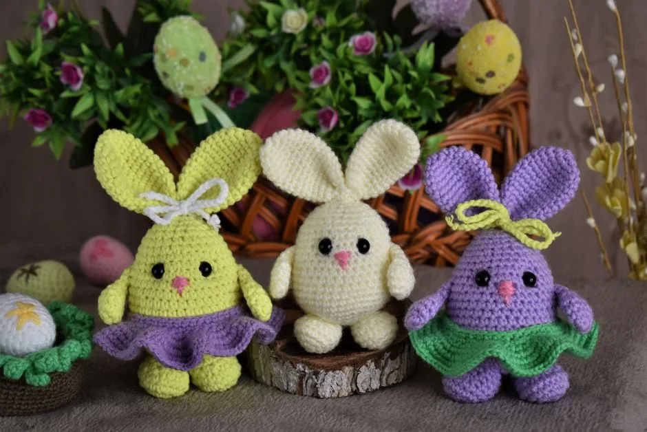 Vibrant trio of crocheted Easter bunnies with decorative eggs and flowers in a wicker basket background.