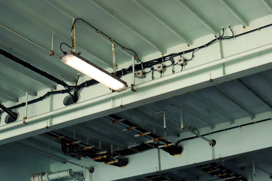 Detailed view of industrial ceiling light and wiring at a low angle in an indoor setting.