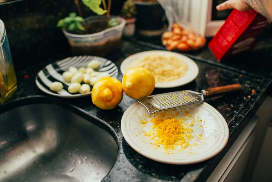 A kitchen scene with lemons and zest, showcasing a preparation process with fresh ingredients.