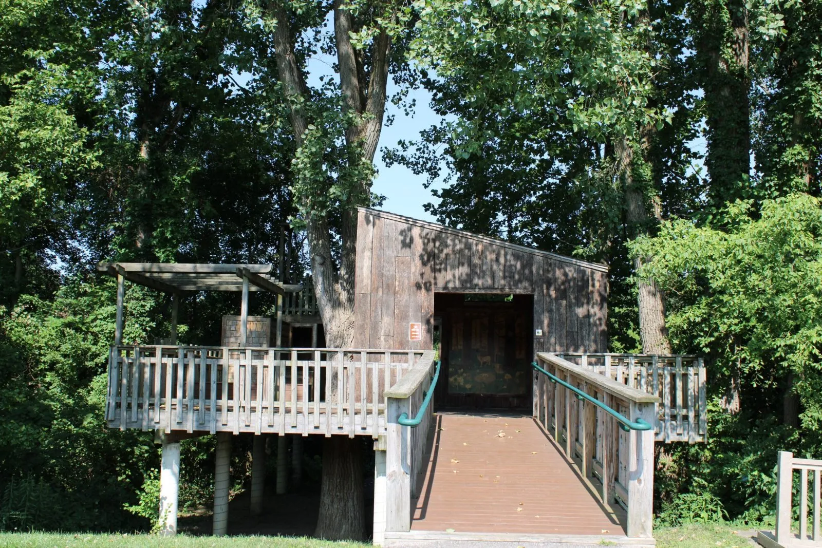 A charming wooden treehouse nestled in a lush garden, perfect for a relaxing summer retreat.