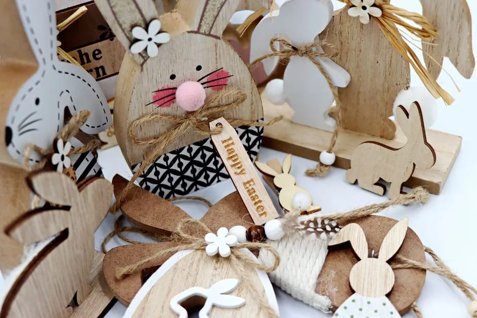 Charming wooden Easter bunnies and decor perfect for sustainable and natural celebrations.